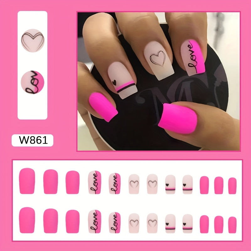 Glossy Pink Square Press-On Nails with Love Heart Design - Medium Length Valentine's Day False Nails for Women & Girls, Sweet & Stylish Nail Art, Fashion Accessories | Heart Nail Art | Vibrant Pink Nails, Cute Nails
